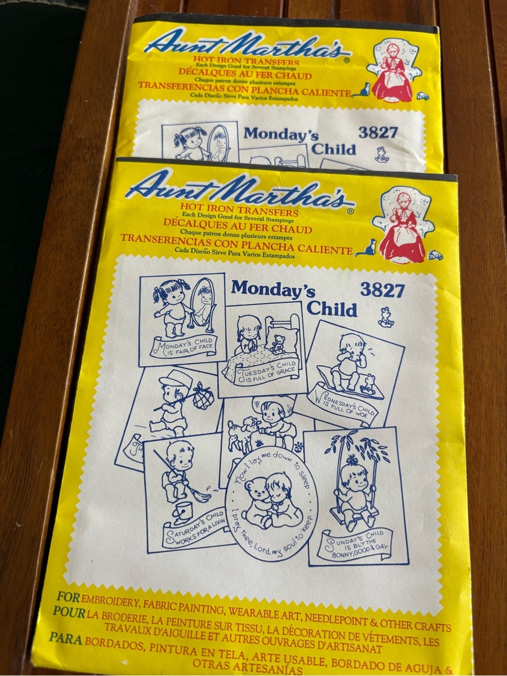 Vintage Aunt Martha’s 3827 Monday's Child hot iron embroidery transfer